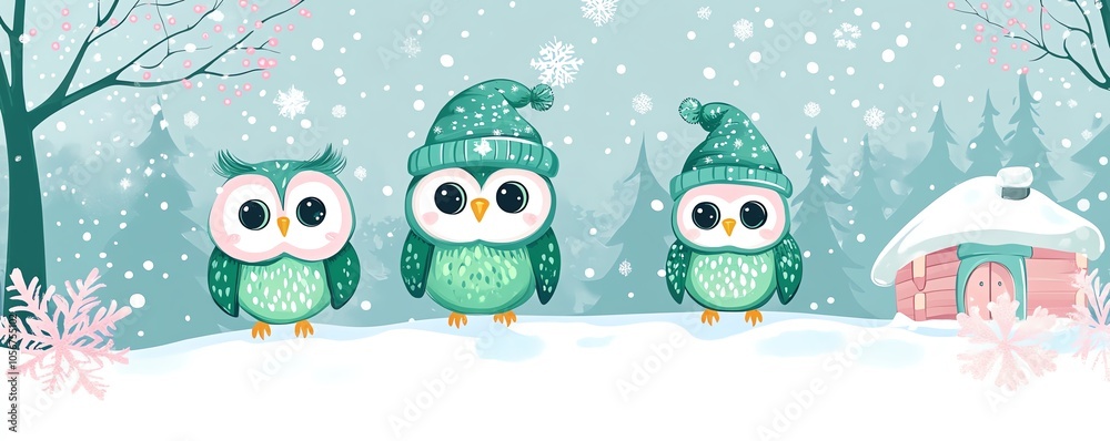 Obraz premium Owls with green feathers and hats, winter scene, mini snow home and pink snowflakes, flat design illustration