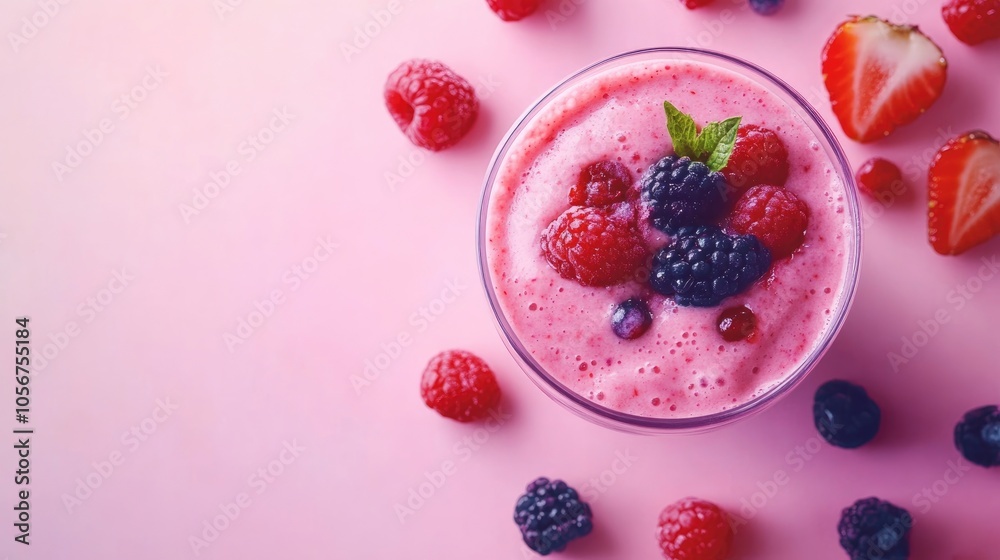 Berry smoothie or milkshake on a pink table perfect for a healthy dessert snack or breakfast option Berry smoothie or milkshake on a pink table perfect for a healthy dessert snack or breakfast option