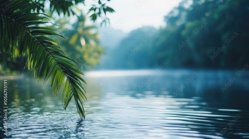 Obraz premium Blurred image depicting a serene natural backdrop featuring water and lush vegetation