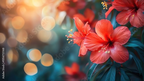 Floral inspired architectural design featuring vibrant red tropical flowers in full bloom with a blurred background effect