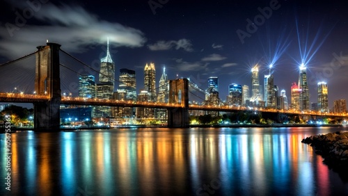 Captivating Long Exposure Nightscape of a Majestic City Skyline Reflecting in Water with Star Trails, Illuminated Bridges, and Soft Light Trails from Moving Vehicles