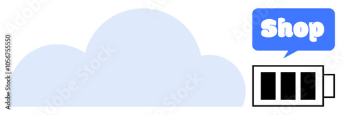 A blue cloud with a speech bubble labeled shop, next to a battery strength icon. Ideal for tech, cloud storage, online shopping, digital services, and e-commerce themes. Simple modern style