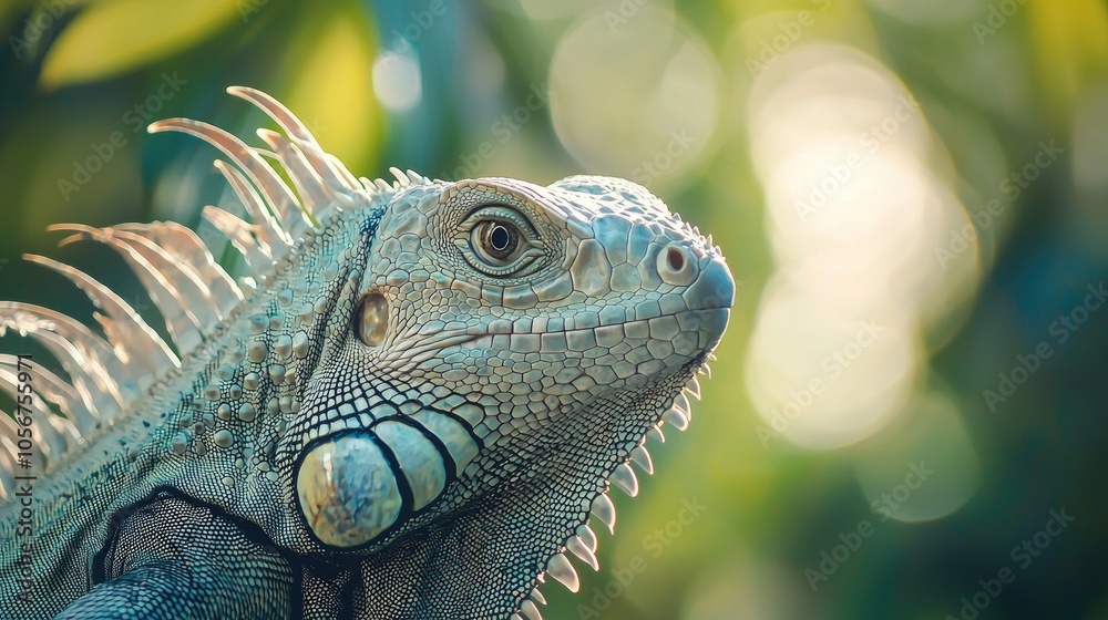 Fototapeta premium Close Up Of A Iguana Harmless Reptile Selective Focus Of Lizard With Blur Background