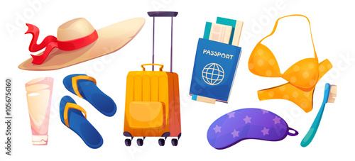 Summer vacation voyage stuff set - wide brimmed hat and blue flip-flops, orange suitcase and travel documents include passport with tickets, yellow bikini swimsuit, sunscreen tube and toothbrush.