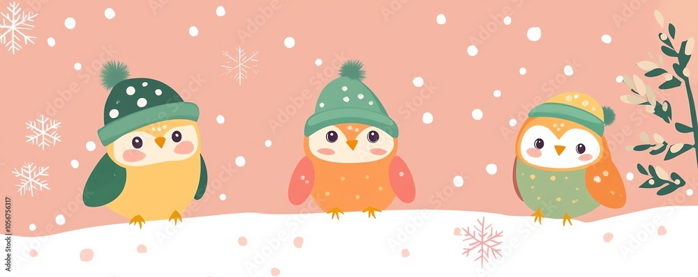 Fototapeta premium Winter owls with green feathers and hats, mini snow home, falling pink snowflakes, flat design illustration