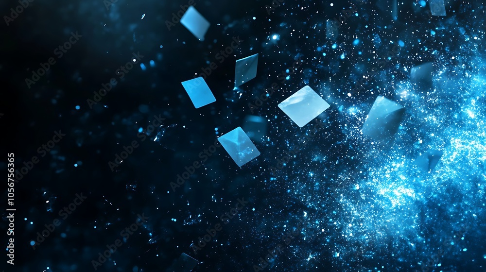 A dark background with glowing blue data particle, Background data papers particles A dark background with glowing blue data particle, Background data papers particles
