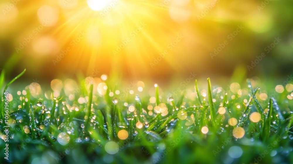 Obraz premium Dewdrops Glistening on Grass Blades with Sunbeams and Bokeh