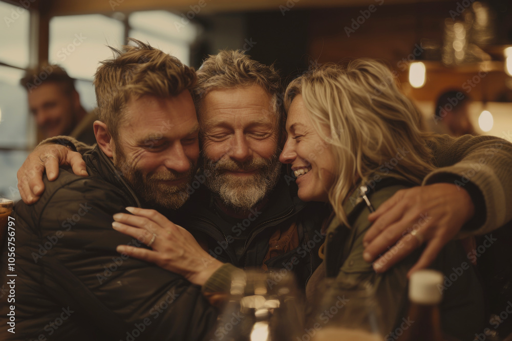 Candid close up of closely related people hugging together with smiling faces Candid close up of closely related people hugging together with smiling faces
