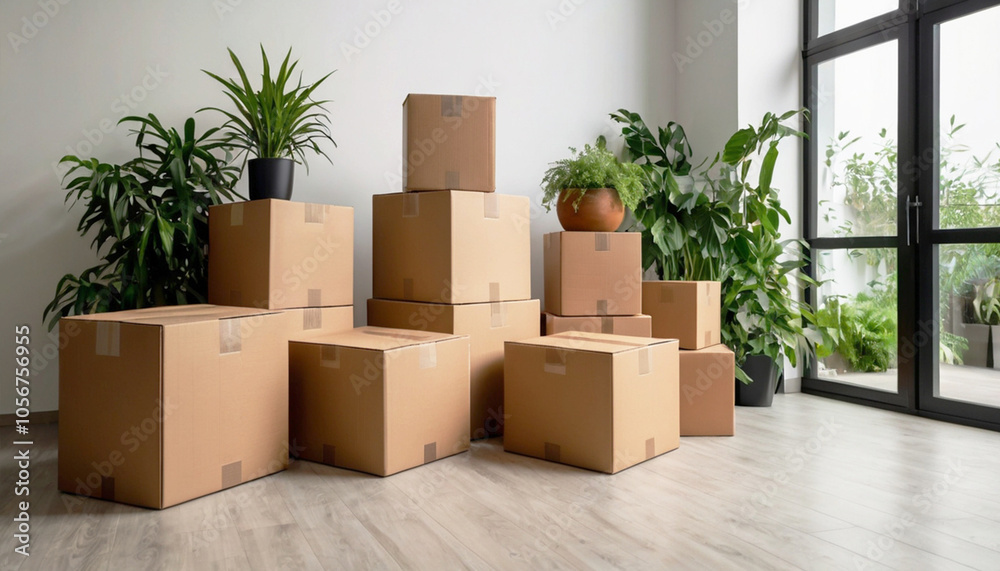 Cardboard closed boxes with things in a modern living room with green plants and white walls. Moving. Delivery.