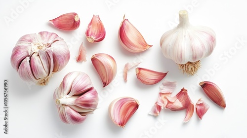 Garlic bulbs and cloves arranged on a white background