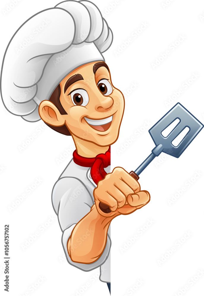 Naklejka premium A chef, barbecue cook or baker cartoon food man mascot character holding a spatula and peeking around a sign or menu board with copy space illustration