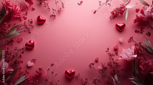 Design a romantic copy space background for Valentine's Day, featuring soft pink and red tones, delicate hearts, and subtle floral accents, creating the perfect canvas for heartfelt messages and love 