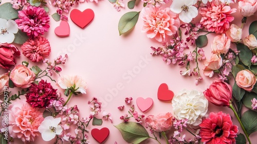 Design a romantic copy space background for Valentine's Day, featuring soft pink and red tones, delicate hearts, and subtle floral accents, creating the perfect canvas for heartfelt messages and love 
