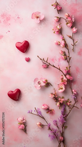 Design a romantic copy space background for Valentine's Day, featuring soft pink and red tones, delicate hearts, and subtle floral accents, creating the perfect canvas for heartfelt messages and love 