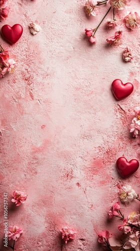 Design a romantic copy space background for Valentine's Day, featuring soft pink and red tones, delicate hearts, and subtle floral accents, creating the perfect canvas for heartfelt messages and love 