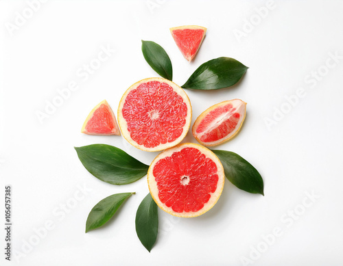 Citrus Delights Grapefruits and Leaves on White Background photo