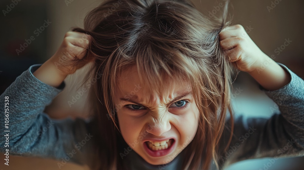 Fototapeta premium Frustrated young girl expressing anger at home, with tangled hair and intense expression.