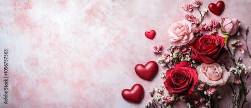 Design a romantic copy space background for Valentine's Day, featuring soft pink and red tones, delicate hearts, and subtle floral accents, creating the perfect canvas for heartfelt messages and love 