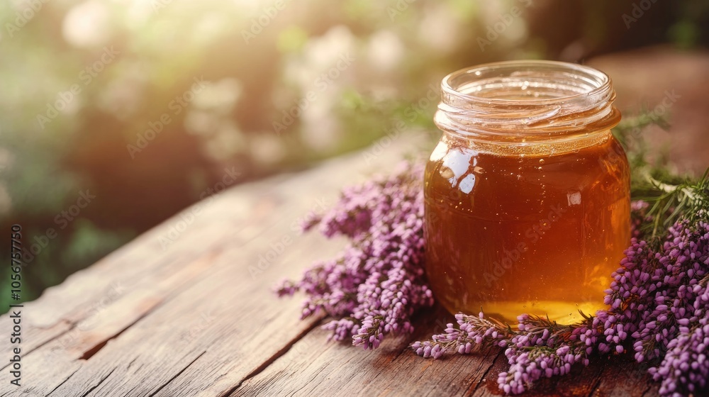 Honey in a jar accompanied by heather flowers on a rustic wooden table Honey in a jar accompanied by heather flowers on a rustic wooden table