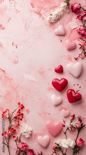 Design a romantic copy space background for Valentine's Day, featuring soft pink and red tones, delicate hearts, and subtle floral accents, creating the perfect canvas for heartfelt messages and love 