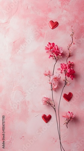 Design a romantic copy space background for Valentine's Day, featuring soft pink and red hues, delicate hearts, and elegant floral accents, creating the perfect canvas for heartfelt messages of love