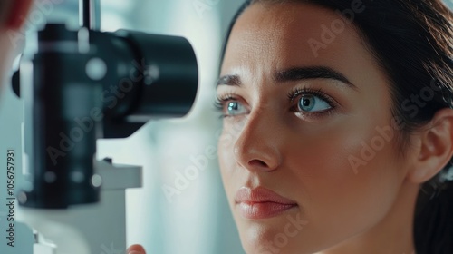 Ophthalmologist conducting an eye examination for a female patient during a consultation