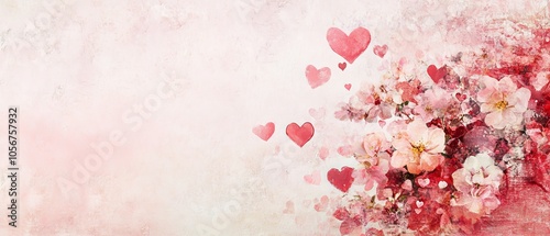 Design a romantic copy space background for Valentine's Day, featuring soft pink and red hues, delicate hearts, and elegant floral accents, creating the perfect canvas for heartfelt messages of love