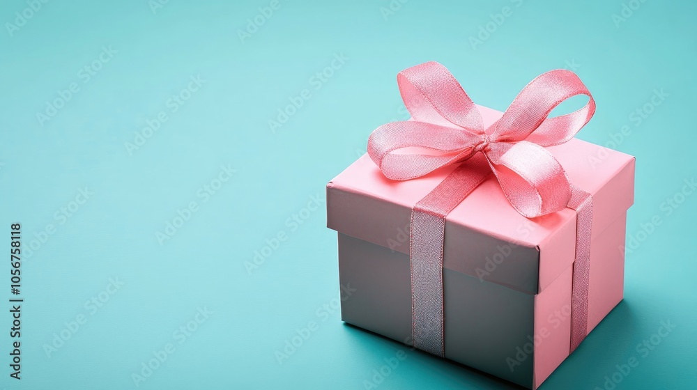 Obraz premium Square pink gift box adorned with a ribbon bow set against a teal blue backdrop