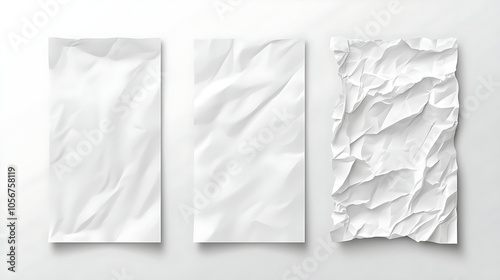 3 white paper sheets with crumpled edges, Generative AI