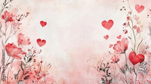 Design a romantic copy space background for Valentine's Day, featuring soft pink and red hues, delicate hearts, and elegant floral accents, creating the perfect canvas for heartfelt messages of love