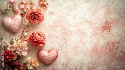 Design a romantic copy space background for Valentine's Day, featuring soft pink and red hues, delicate hearts, and elegant floral accents, creating the perfect canvas for heartfelt messages of love