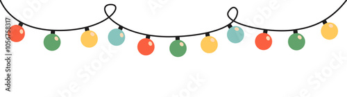 Christmas lights set line banner. Colorful string fairy light. Glowing lightbulb garland. Round shape. Cartoon holiday xmas decoration. Rainbow color. Flat design. White background. Isolated. Vector