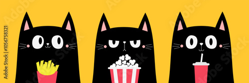Cat set. Popcorn, Soda, French fries. Kitten watching movie. Cute cartoon funny character. Cinema theater. Film show. Kids sticker print. Childish style. Yellow background. Flat design. Vector