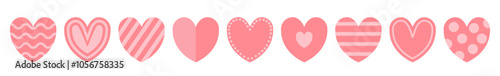 Pink heart icon set line. Cute polka dot, line pattern. Love sign symbol simple template. Happy Valentines day. Greeting card. Decoration element. Flat design. White background. Isolated. Vector