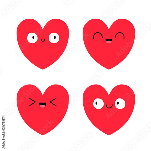 Red heart emoji icon set. Hearts with eyes. Smiling happy face head. Happy Valentines Day. Cute kawaii cartoon funny character. Love sign symbol. Greeting card. Flat design. White background. Vector