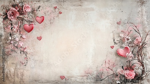 Design a romantic copy space background for Valentine's Day, featuring soft pink and red hues, delicate hearts, and elegant floral accents, creating the perfect canvas for heartfelt messages of love