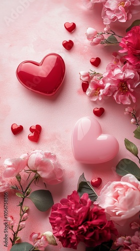 Design a romantic copy space background for Valentine's Day, featuring soft pink and red hues, delicate hearts, and elegant floral accents, creating the perfect canvas for heartfelt messages of love