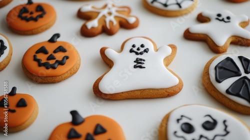 Homemade Halloween themed cookies displayed on a white surface captured from above photo