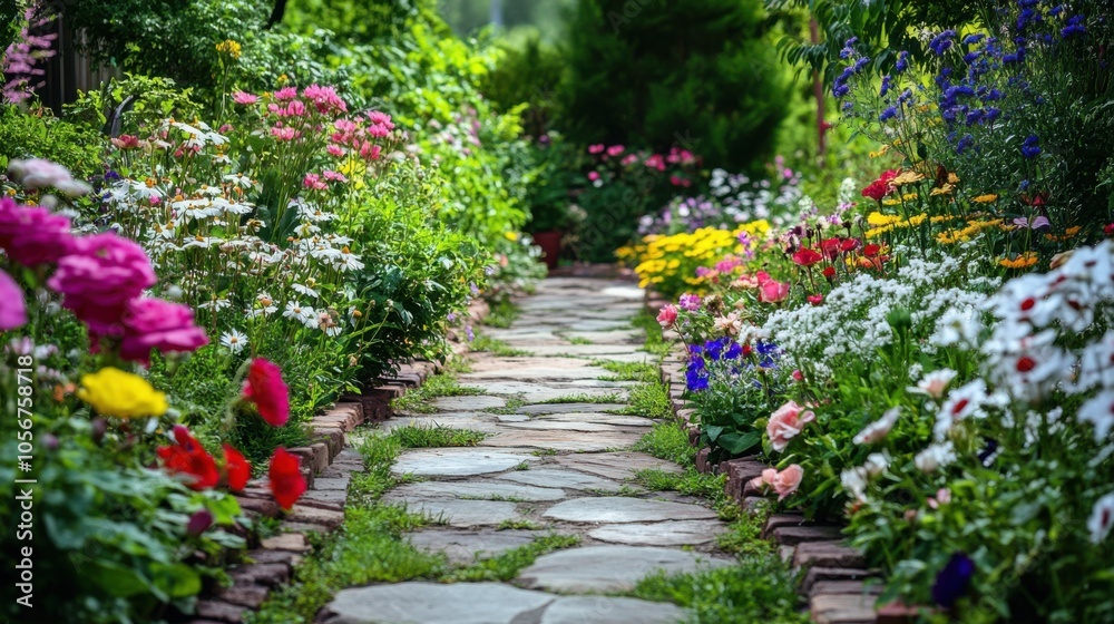 Lovely garden pathway bordered by a variety of bright, flowering plants, Lovely garden pathway bordered by a variety of bright, flowering plants,