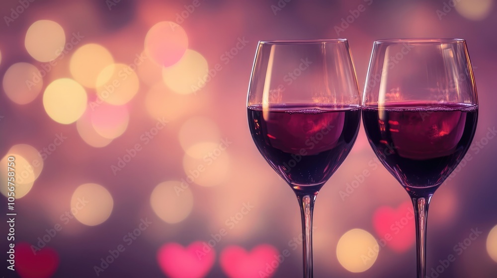 Two wine glasses against a soft blurred backdrop evoking a romantic atmosphere for Valentine s Day Two wine glasses against a soft blurred backdrop evoking a romantic atmosphere for Valentine s Day