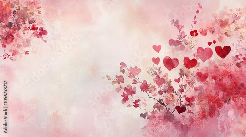 Design a romantic copy space background for Valentine's Day, featuring soft pink and red hues, delicate hearts, and elegant floral accents, creating the perfect canvas for heartfelt messages of love