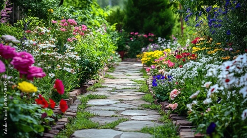 Lovely garden pathway bordered by a variety of bright, flowering plants,