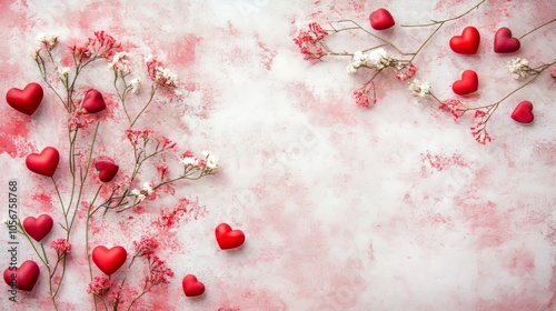 Design a romantic copy space background for Valentine's Day, featuring soft pink and red hues, delicate hearts, and elegant floral accents, creating the perfect canvas for heartfelt messages of love