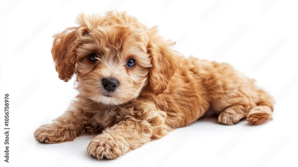 A charming Maltipoo puppy poses beautifully against a clean white background A charming Maltipoo puppy poses beautifully against a clean white background