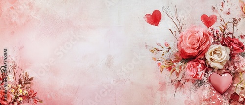 Design a romantic copy space background for Valentine's Day, featuring soft pink and red hues, delicate hearts, and elegant floral accents, creating the perfect canvas for heartfelt messages of love