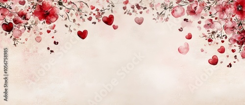 Design a romantic copy space background for Valentine's Day, featuring soft pink and red hues, delicate hearts, and elegant floral accents, creating the perfect canvas for heartfelt messages of love