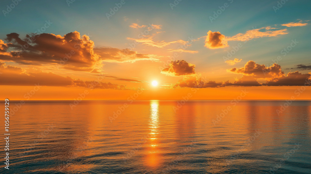 The rising sun over the ocean horizon warms with the first rays The rising sun over the ocean horizon warms with the first rays