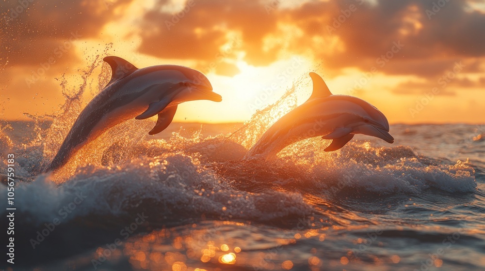 Fototapeta premium Dolphins leaping through waves at sunset, showcasing marine beauty.