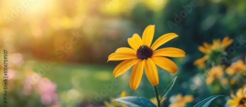 Yellow Flower Of Sunny Rudbeckia Country Garden During Sunny Spring Day Over Background Of Greenery Genus Of Annual Biennial And Perennial Herbaceous Plants Of Asteraceae Family