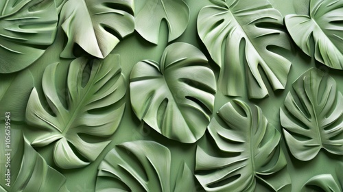 Wallpaper Mural Monstera leaf bas relief pattern in green, designed with small, Torontodigital.ca
